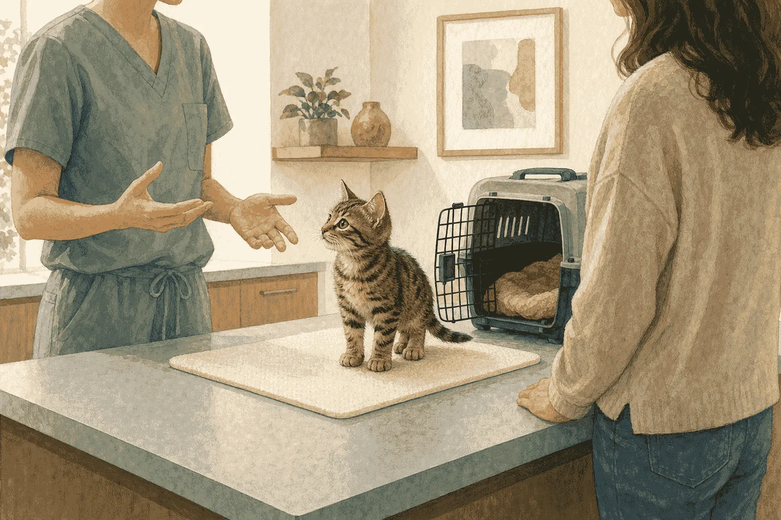 A tabby kitten stands voluntarily on a nonslip mat in a calm examination room while a veterinarian and caregiver talk nearby.