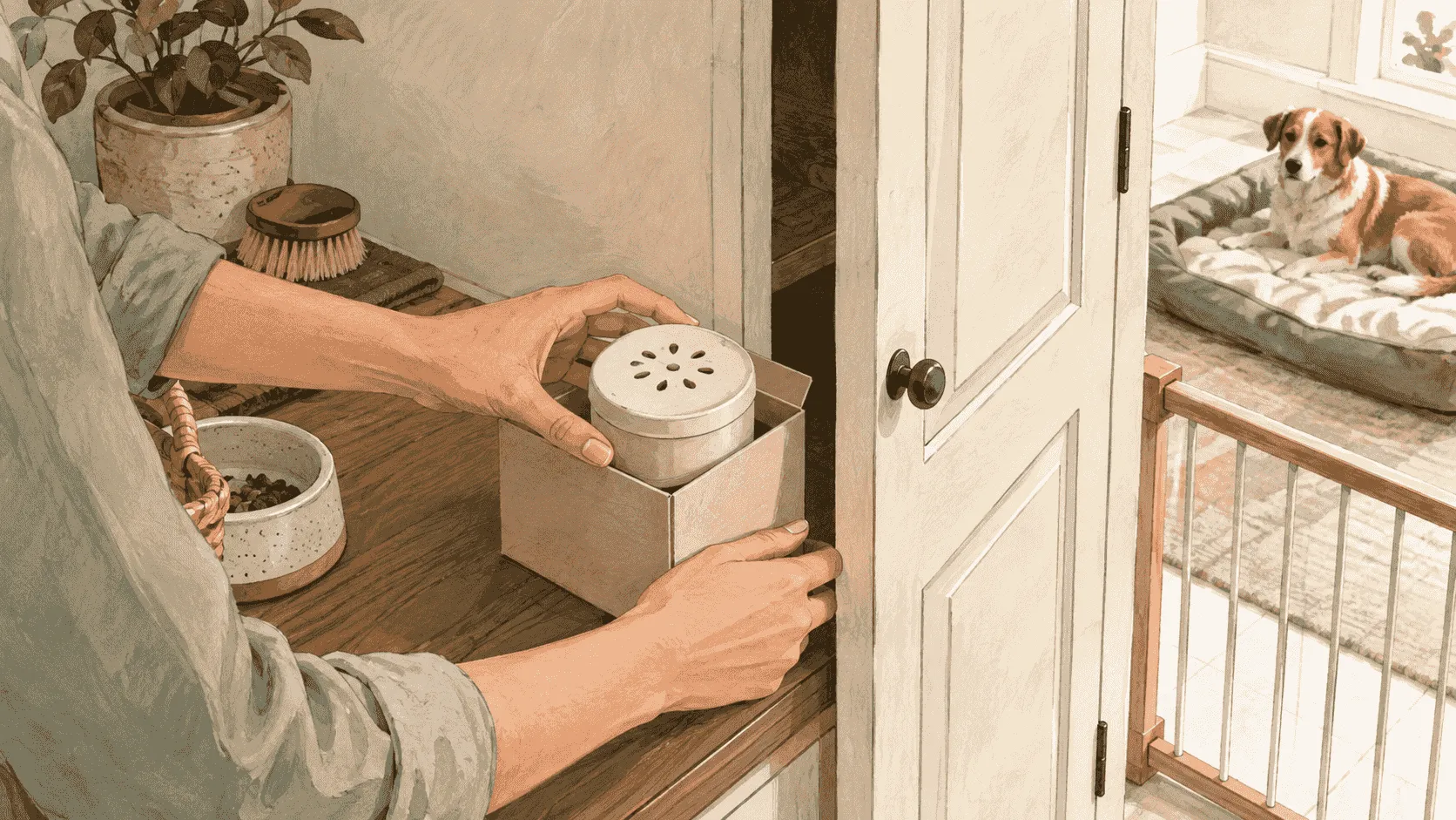 A caregiver places a plain sealed container in its package beside a cabinet while a dog rests safely behind a gate; no product text is visible.