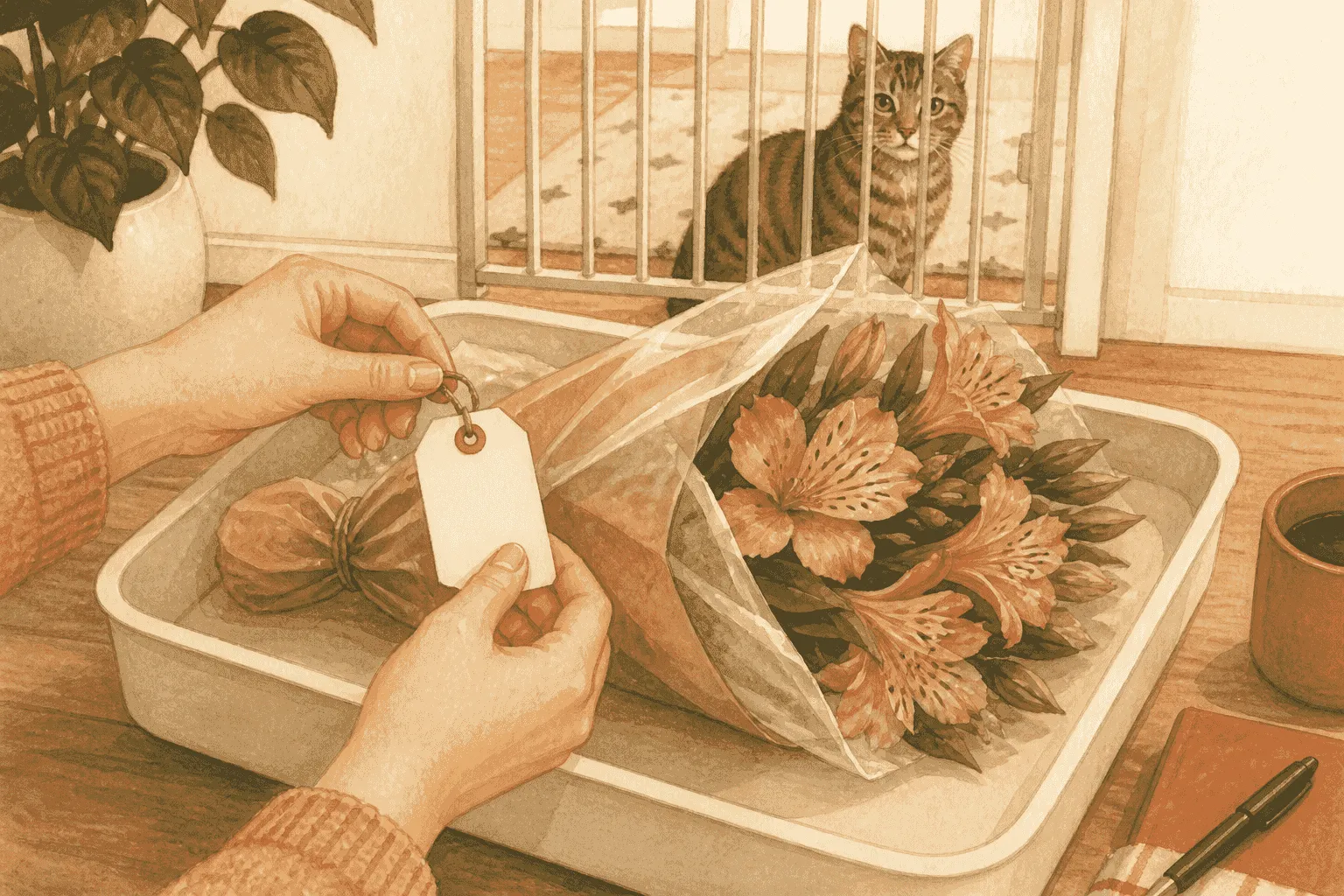 A caregiver compares a Peruvian Lily label with a closed bouquet while a cat watches from behind a low gate.