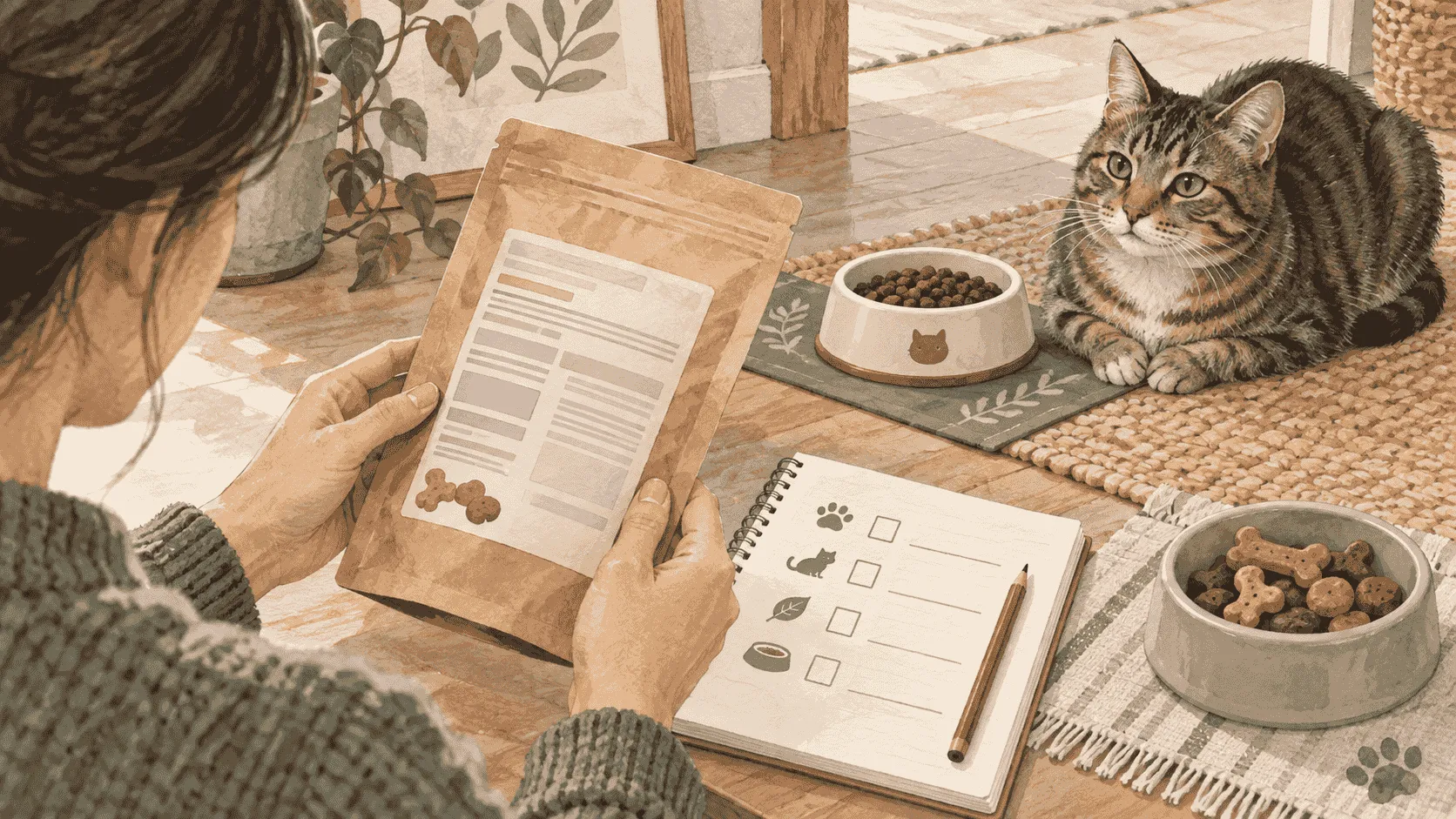 A caregiver compares the back of an unbranded treat packet with a short note while a tabby cat waits beside its separate food bowl.