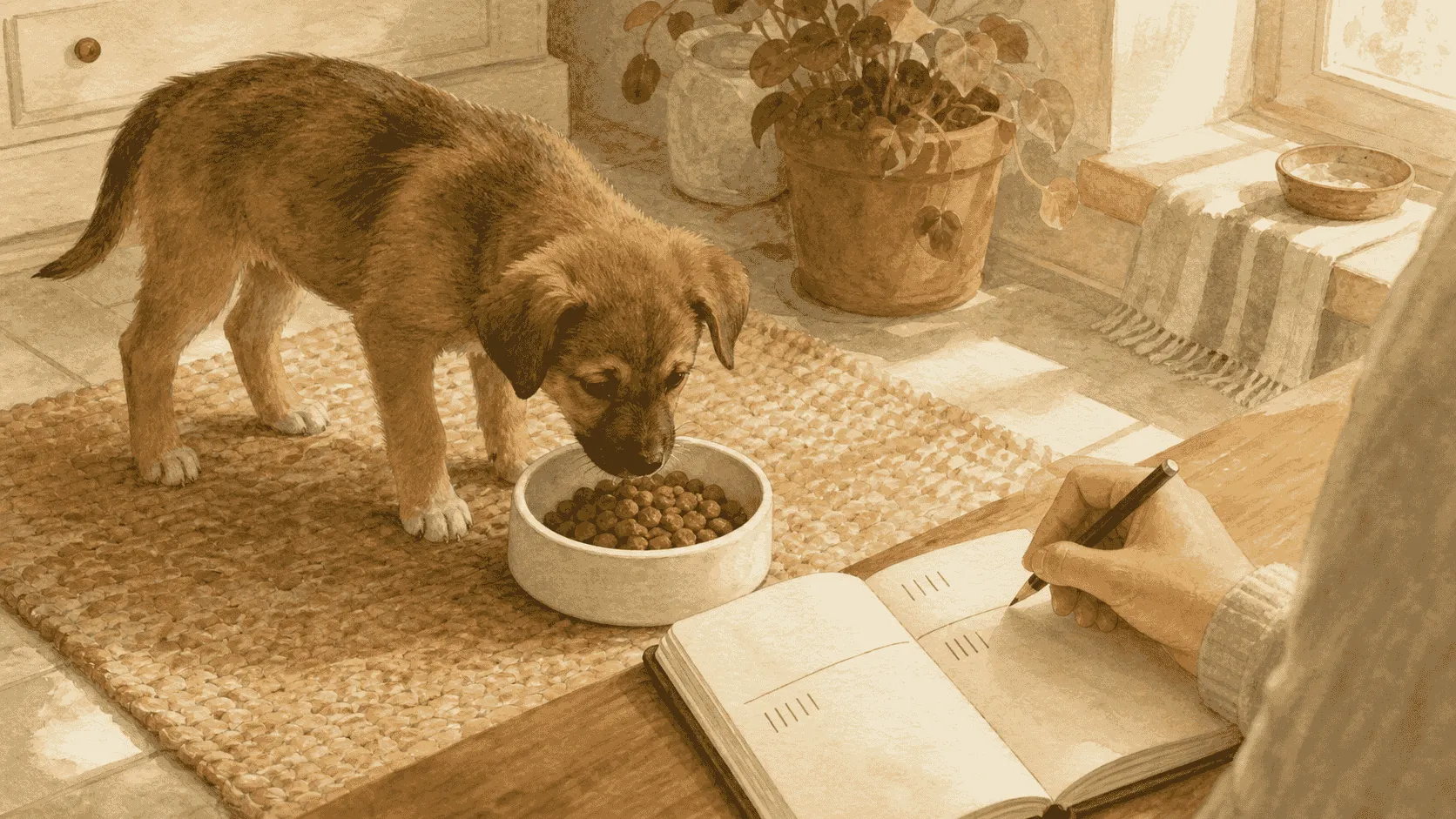 A caregiver records the offered and eaten amounts while a young brown puppy approaches a familiar meal in a quiet kitchen corner.