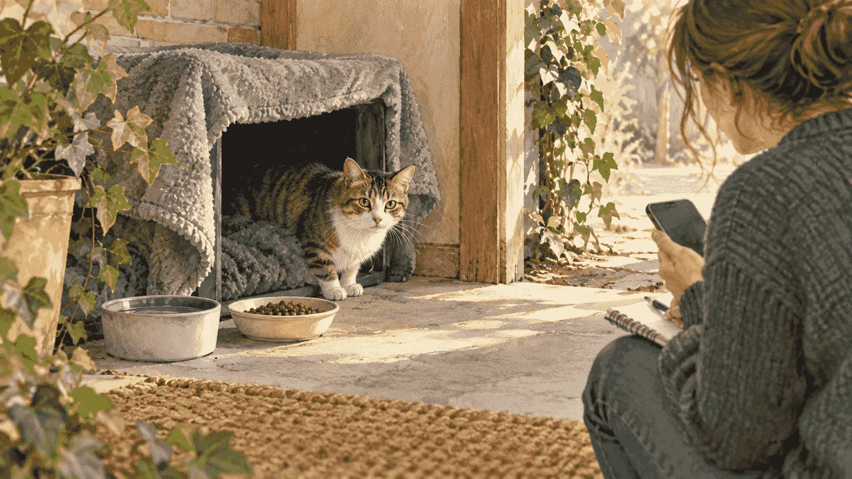 A finder places a small plain meal beside a sheltered retreat while a tabby cat keeps a clear route away from the bowl.