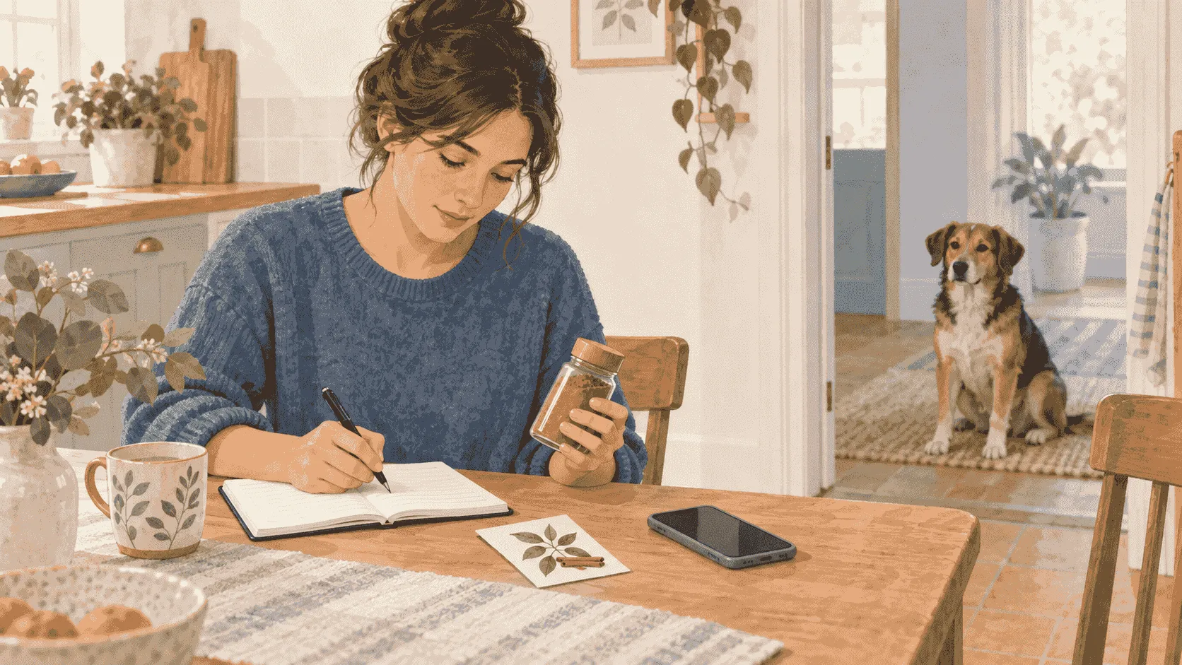 A caregiver writes down a cinnamon product label while a calm dog waits beside a closed kitchen cupboard.