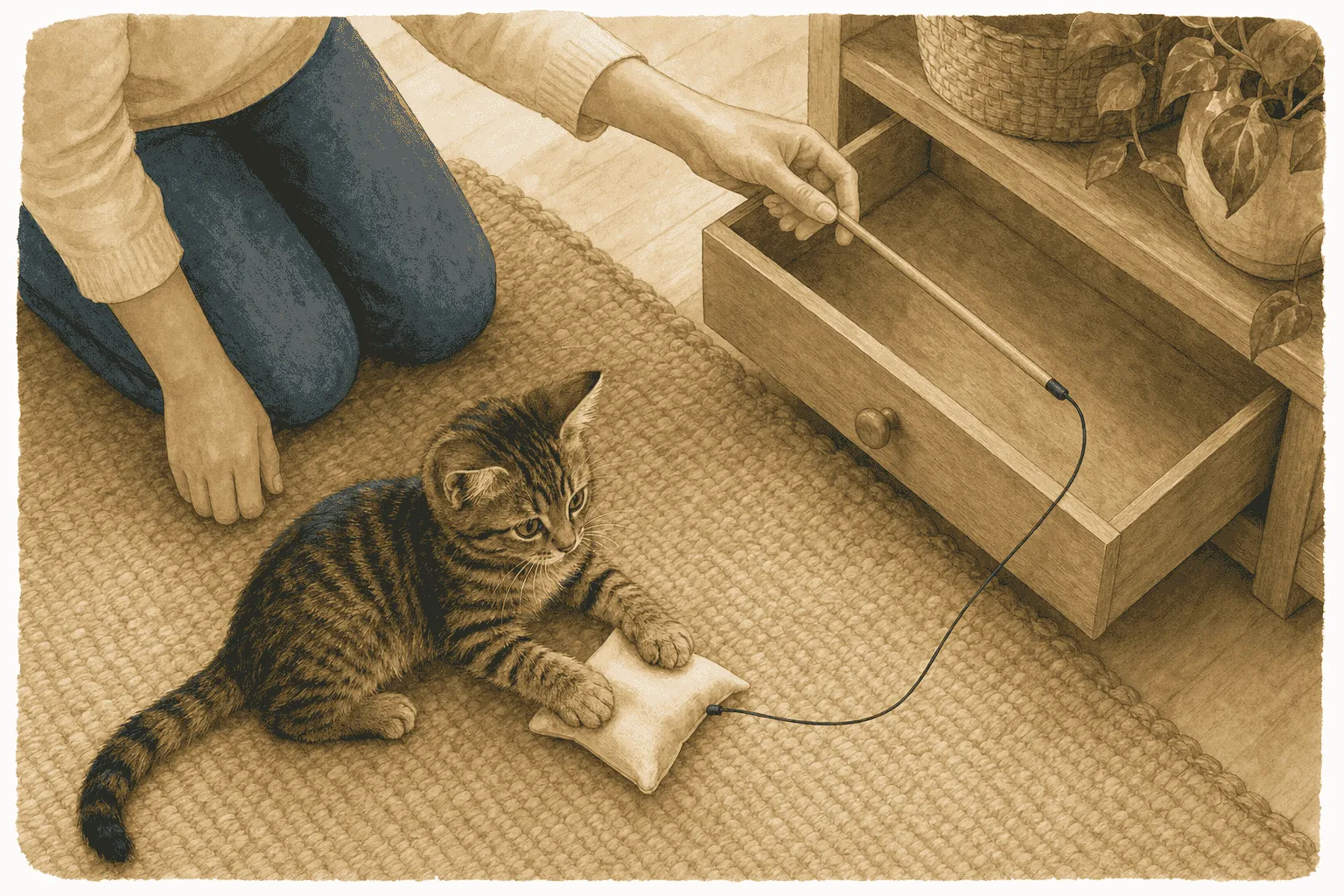 A caregiver guides a wand toy as a tabby kitten catches the cream fabric lure on a clear rug, with the storage drawer open nearby.