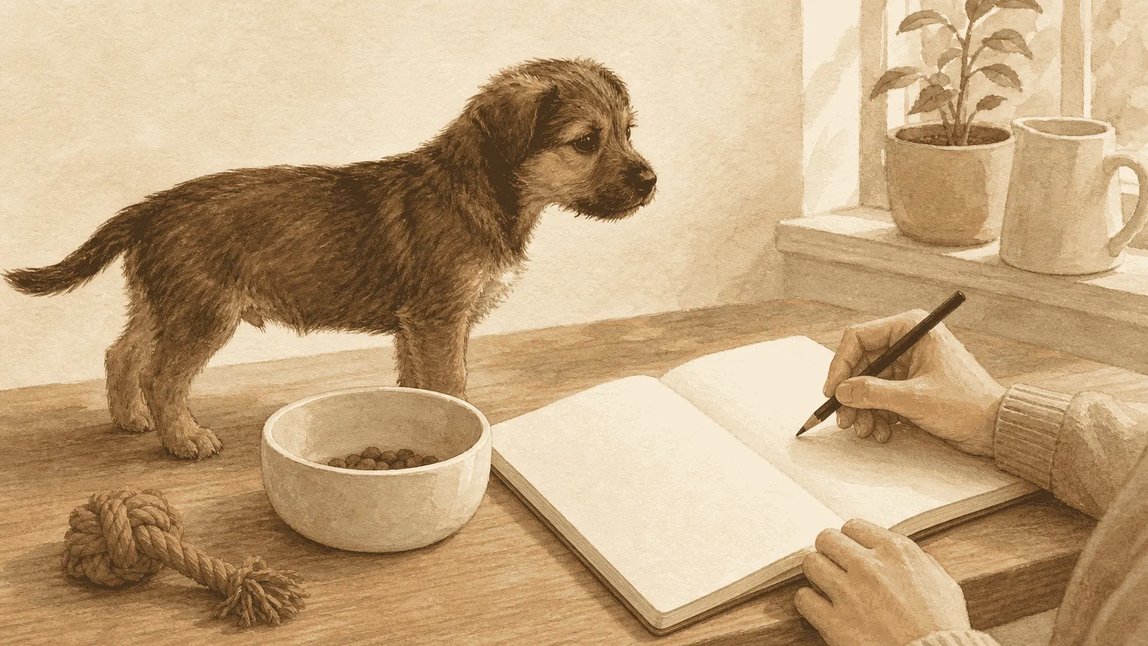A caregiver writes a simple timeline beside a small brown puppy's familiar unbranded meal in a calm kitchen corner.
