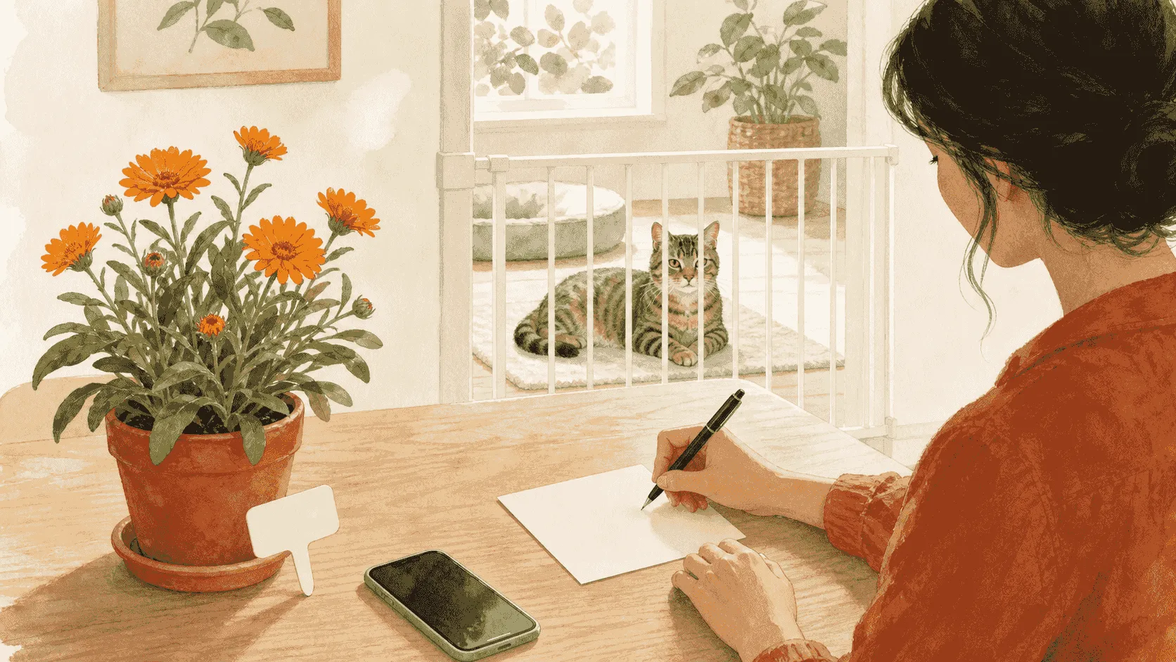 A caregiver photographs a Garden Marigold label beside a short exposure note while a tabby cat waits safely behind a low indoor gate.