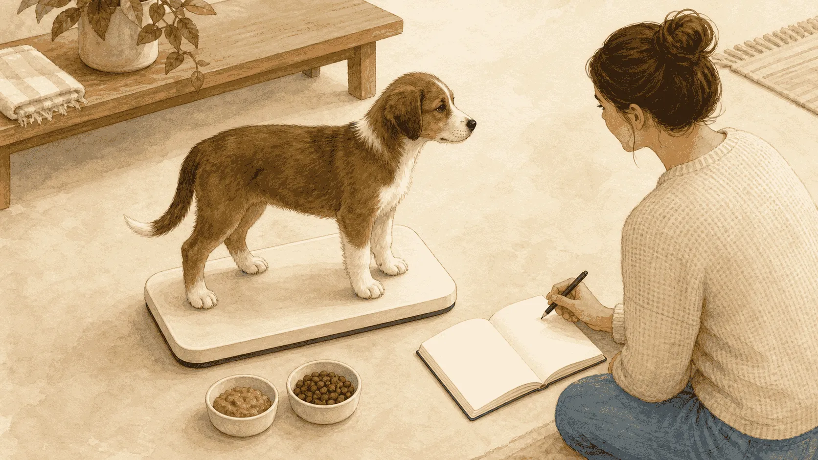 A person records a puppy's weight and body shape in a notebook beside separate measured portions of wet and dry food.