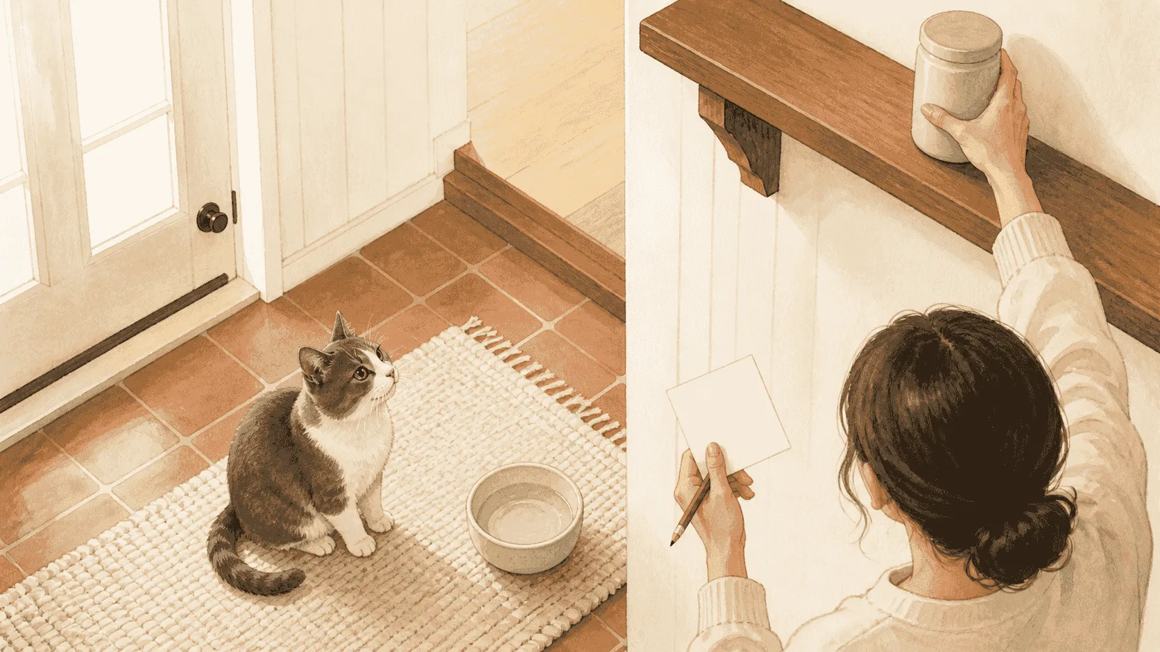 A caregiver notes the time and a possible household exposure while a gray-and-white cat sits comfortably beside a water bowl.
