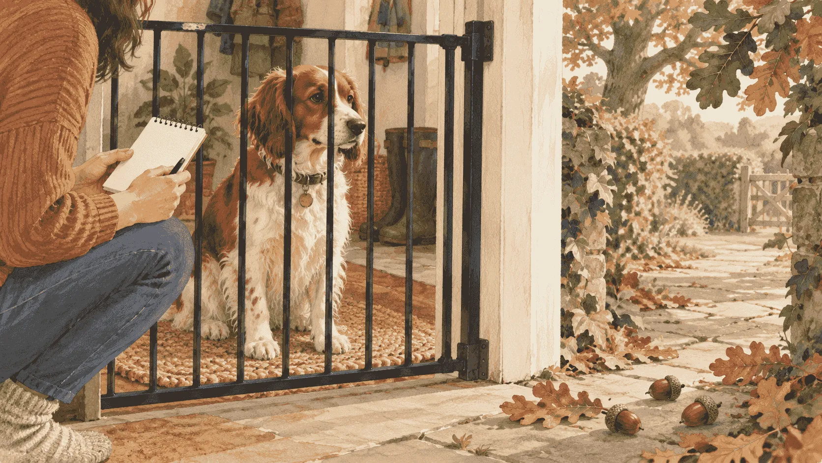 A caregiver records observations beside a closed garden gate while a dog sits safely behind it and acorns lie on the path.