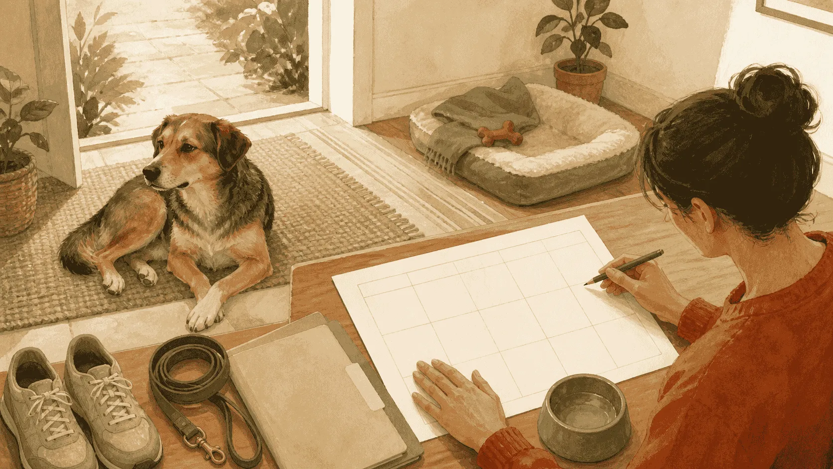 A caregiver compares a blank longevity chart with a dog's daily-care notes beside a calm mixed-breed dog.