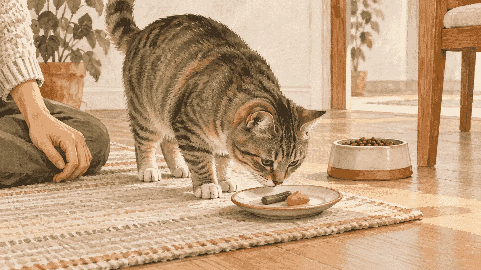 A caregiver sets a few plain carrot, pea, and green bean pieces beside a tabby cat's complete food bowl.