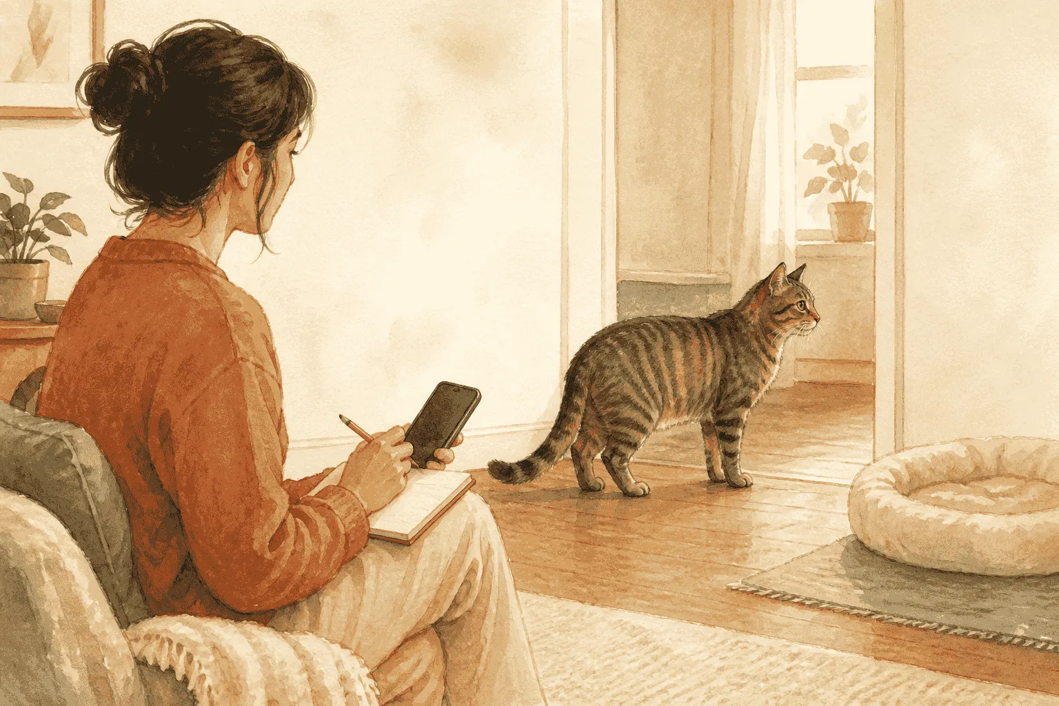 A tabby cat pauses near a quiet doorway while a caregiver records an unusual change without touching or cornering the cat.