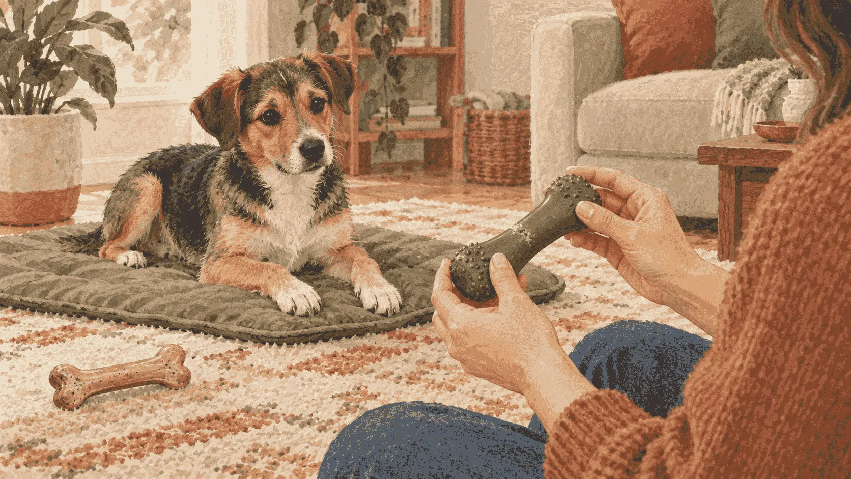 A caregiver checks the size and condition of a rubber chew while a young dog waits on a mat beside a bone-shaped chew.