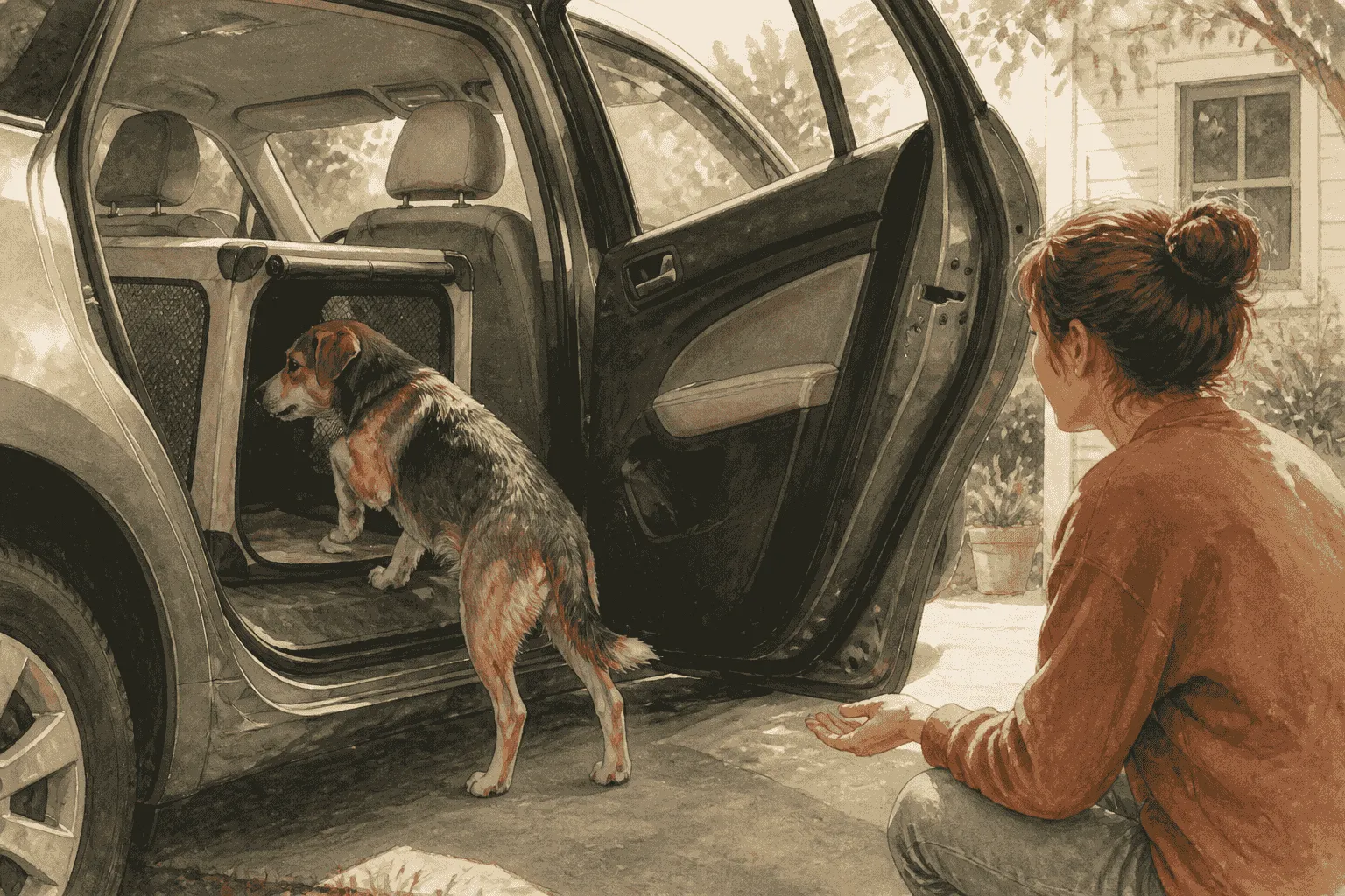 A young mixed-breed dog calmly chooses to enter an unbranded travel crate in a parked car while a caregiver waits beside the open door.