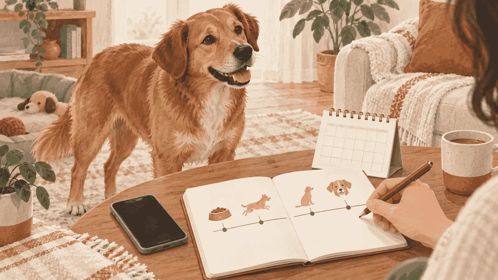 A caregiver records a dog's vaccination-day timeline while the relaxed dog stands nearby.
