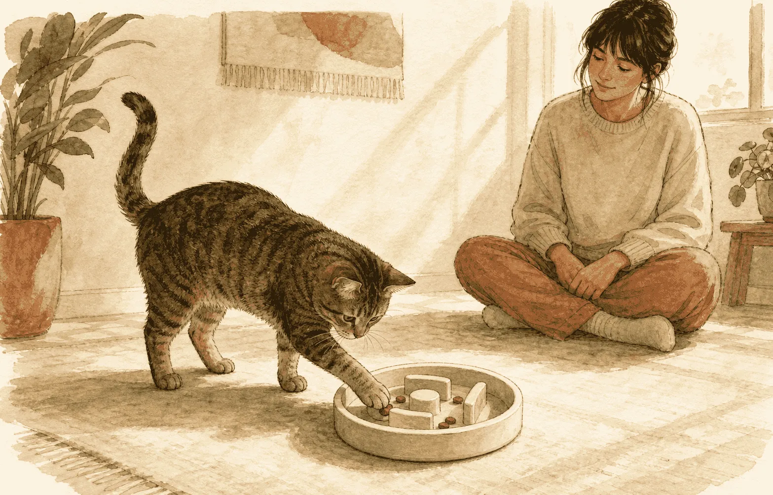 A brown tabby cat nudges an easy ceramic food puzzle while a seated caregiver watches from a short distance.