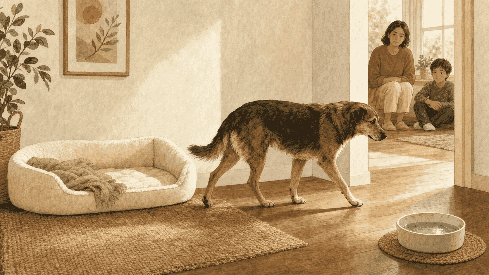 A mixed-breed dog walks freely from a quiet cream bed toward a water bowl while a child and adult pause outside the resting nook.